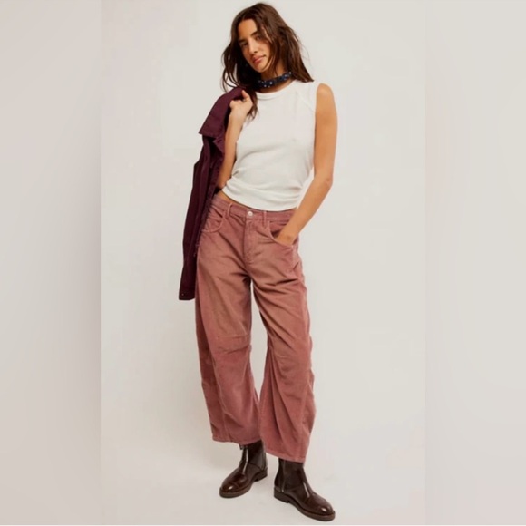 Free People Good Luck Cord Barrel Jeans in Withered Rose - Picture 1 of 4